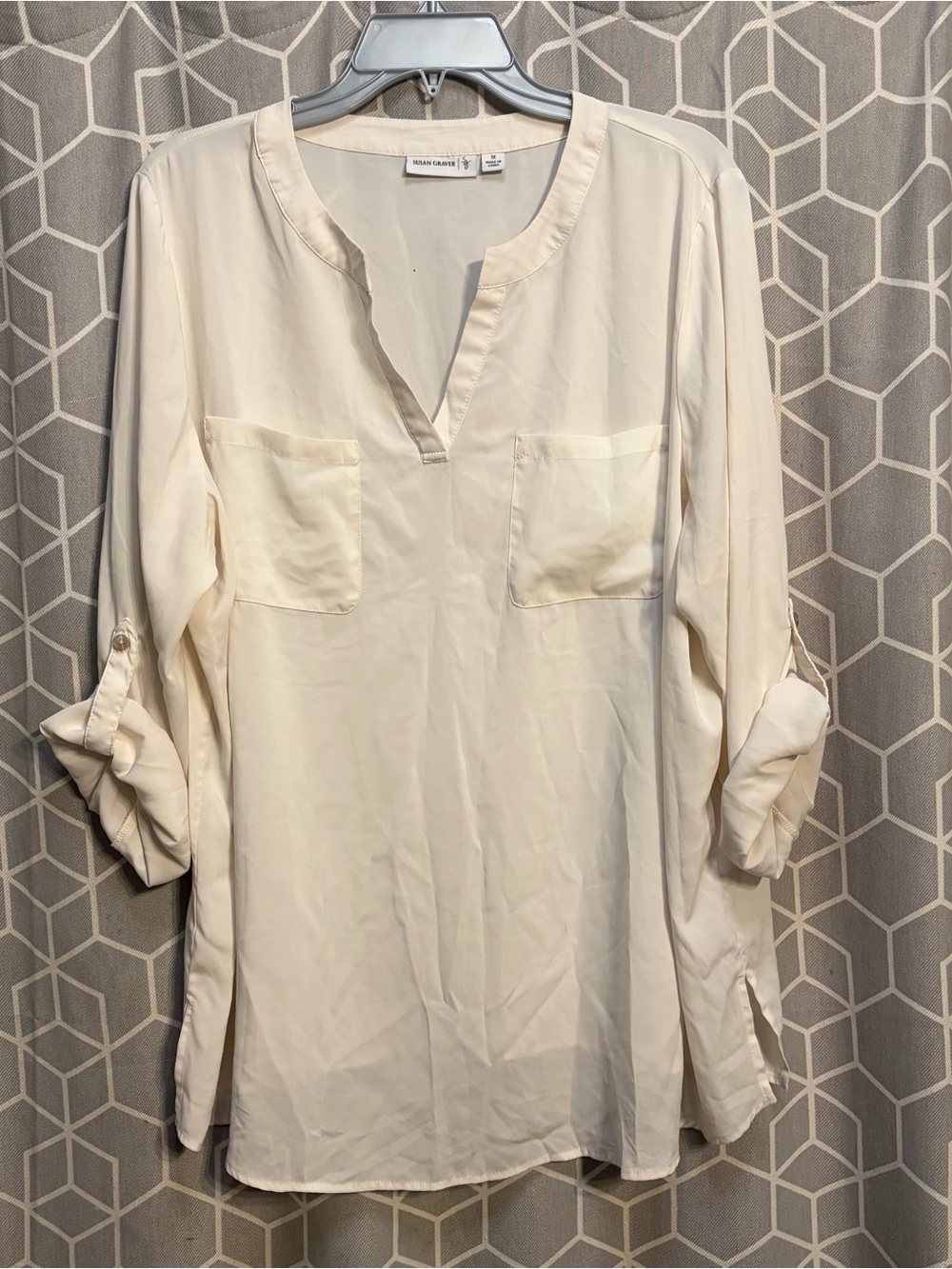 Susan Graver Cream V-Neck Roll-Tab Tunic Blouse